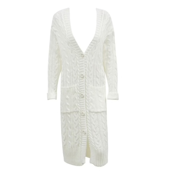 White Cable Knit Cardigan Buttoned with Pockets - Picture 5 of 8